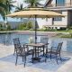 PHI VILLA Black 6-Piece Metal Square Patio Outdoor Dining Set with Wood-Look Table, Umbrella and Fashion Stackable Chairs