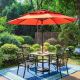 PHI VILLA Black 6-Piece Metal Square Patio Outdoor Dining Set with Wood-Look Table, Red Umbrella and Fashion Stackable Chairs