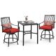 Nuu Garden Black 3-Piece Metal Square Table Bar Height Patio Outdoor Dining Set Bar Set with Red Cushions