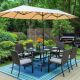 PHI VILLA Black 8-Piece Metal Slat Rectangle Table Patio Outdoor Dining Set with Umbrella and Rattan Chairs with Beige Cushion