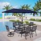 PHI VILLA Black 8-Piece Metal Patio Outdoor Dining Set with Navy Umbrella and Swivel Chairs with Beige Cushions