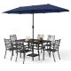 PHI VILLA Black 8-Piece Metal Rectangle Outdoor Patio Dining Set with Slat Table, Umbrella, Fashion Stackable Chairs