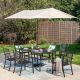 PHI VILLA Black 8-Piece Metal Outdoor Patio Dining Set with Wood-Look Table, Umbrella and Fashion Stackable Chairs