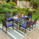 PHI VILLA 7-Piece Metal Patio Outdoor Dining Set with Rectangle Slat Table and Rattan Chair with Blue Cushion