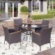 PHI VILLA Black 5-Piece Metal Patio Outdoor Dining Set with Slat Square Table and Rattan Chairs with Blue Cushion