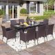 PHI VILLA Black 9-Piece Metal Patio Outdoor Dining Set with Extendable Table and Rattan Chairs with Blue Cushion