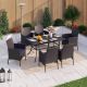PHI VILLA Black 7-Piece Metal Patio Outdoor Dining Set with Rectangle Table and Rattan Chairs with Blue Cushion