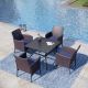 PHI VILLA Black 5-Piece Metal Patio Outdoor Dining Set with Slat Metal Square Table and Rattan Chairs with Blue Cushion
