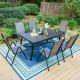 PHI VILLA 7-Piece Metal Outdoor Dining Set with Extensible Rectangular Geometric Pattern Table and Gray Folding Chairs