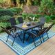 PHI VILLA 7-Piece Metal Outdoor Dining Set with Extensible Rectangular Slat Table and Black Folding Chairs