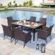 PHI VILLA Black 7-Piece Metal Patio Outdoor Dining Set with Straight-Leg Rectangle Table and Rattan Chairs with Blue Cushion