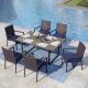 PHI VILLA Black 7-Piece Metal Patio Outdoor Dining Set with U Shaped Rectangle Table and Rattan Chair with Blue Cushion