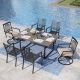 PHI VILLA Black 7-Piece Metal Patio Outdoor Dining Set with U Shaped Rectangle Table and Swivel Chairs with Beige Cushions