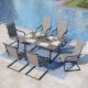 PHI VILLA Black 7-Piece Metal Outdoor Patio Dining Set with U Shaped Rectangle Table and C-Spring Textilene Chairs