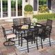 PHI VILLA 7-Piece Metal Outdoor Dining Set with Slat Table-top and Elegant Swivel Chairs with Beige Cushions