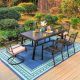 PHI VILLA Black 7-Piece Metal Patio Outdoor Dining Set with Slat Extendable Table and Fashion Chairs with Beige Cushion