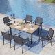 PHI VILLA 7-Piece Metal Outdoor Patio Dining Set with Brown Rectangular Slat Table-Top and Dot Stackable Chairs