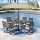 PHI VILLA 8-Piece Metal Outdoor Patio Dining Set with with Beige Cushions and Umbrella