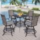 PHI VILLA 5-Piece Metal Square Outdoor Bistro Patio Bar Set with Slat Bar Table and Rattan Bistro Chairs with Gray Cushion