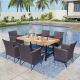 PHI VILLA Black 7-Piece Metal Patio Outdoor Dining Set with Rectangle Table and Rattan Chairs with Blue Cushion