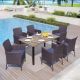 PHI VILLA Black 7-Piece Metal Patio Outdoor Dining Set with Wood-Look Rectangle Table and Rattan Chairs with Blue Cushion