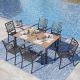 PHI VILLA Black 7-Piece Metal Outdoor Patio Dining Set with Wood-Look Rectangle Table and Fashion Stackable Chairs