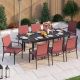 PHI VILLA Black 9-Piece Metal Expandable Table Patio Outdoor Dining Set with Red Textilene Chairs