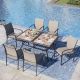 PHI VILLA Black 7-Piece Metal Outdoor Patio Dining Set with Wood-Look Umbrella Table and Brown Textilene Chairs