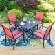 PHI VILLA Black 5-Piece Metal Slat Square Table Patio Outdoor Dining Set with Red Textilene Chairs