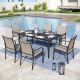 PHI VILLA Black 7-Piece Metal Straight-Leg Rectangle Table Outdoor Patio Dining Set with Brown Textilene Chairs