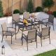 PHI VILLA Black 7-Piece Metal Rectangle Table Outdoor Patio Dining Set with Brown Textilene Chairs
