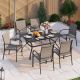 PHI VILLA Black 7-Piece Metal Slat Rectangle Table Outdoor Patio Dining Set with Brown Textilene Chairs