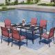 PHI VILLA Black 7-Piece Metal Rectangle Table Outdoor Patio Dining Set with Red Textilene Chairs
