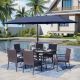 PHI VILLA Black 8-Piece Metal Patio Outdoor Dining Set with Rectangle Slat Table, Umbrella and Rattan Chair with Blue Cushion