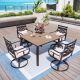 PHI VILLA 5-Piece Metal Patio Outdoor Dining Set with Brown Slat Tabletop and Cast Iron Pattern Swivel Chairs with Beige Cushions