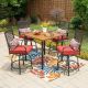 PHI VILLA 5-Piece Metal Patio Bar Height Outdoor Dining Set with Square Table and Swivel Bistro Chairs with Red Cushions