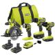 RYOBI ONE+ 18V Cordless 4-Tool Combo Kit with 1.5 Ah Battery, 4.0 Ah Battery, Charger, and FREE 2.0 Ah Battery (2-Pack)