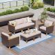 PHI VILLA Brown Wicker Rattan 7 Seat 7-Piece Steel Outdoor Patio Conversation Set with Beige Cushions and 2 Ottomans