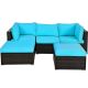 ANGELES HOME 5-Piece PE Wicker Outdoor Sectional Set with Ottoman Table with Blue Cushions