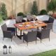 PHI VILLA Black 7-Piece Metal Patio Wood Outdoor Dining Set with Rectangular Table and Rattan Chair with Blue Cushion
