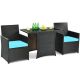 Clihome 3-Piece Wicker Outdoor Patio Conversation Set Patio Rattan Furniture Set with Turquoise Cushion and Sofa Armres