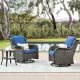 HOOOWOOO Oreille Brown 3-Piece Wicker Patio Conversation Swivel Rocking Chair Set with a Side Table and Navy Blue Cushions