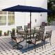 PHI VILLA 8-Piece Metal Outdoor Dining Set with Beige Cushions and Navy Blue Umbrella