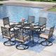 PHI VILLA 7-Piece Metal Patio Outdoor Dining Set with Slat Rectangle Table and Stripe Swivel Chairs with Beige Cushions