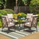 PHI VILLA 5-Piece Metal Patio Outdoor Dining Set with Black Slat Square Table and Stationary Chairs with Beige Cushions