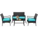 HONEY JOY 4-Piece PE Wicker Patio Conversation Set Rattan Sofa Chair with Turquoise Cushions Tempered Glass Coffee Table