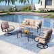PHI VILLA 5 Seat 4-Piece Black Metal Steel Outdoor Patio Conversation Set with Beige Cushions, 2 Swivel Chairs And Table