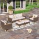 PHI VILLA Brown Rattan Wicker 7 Seat 7-Piece Steel Outdoor Sectional Set with Beige Cushions and 2 Ottomans