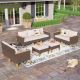 PHI VILLA Brown Wicker Rattan 9 Seat 9-Piece Steel Patio Outdoor Sectional Set with Beige Cushions and 2 Ottomans