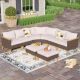 PHI VILLA Brown Rattan Wicker 8 Seat 8-Piece Steel Patio Outdoor Sectional Set with Beige Cushions